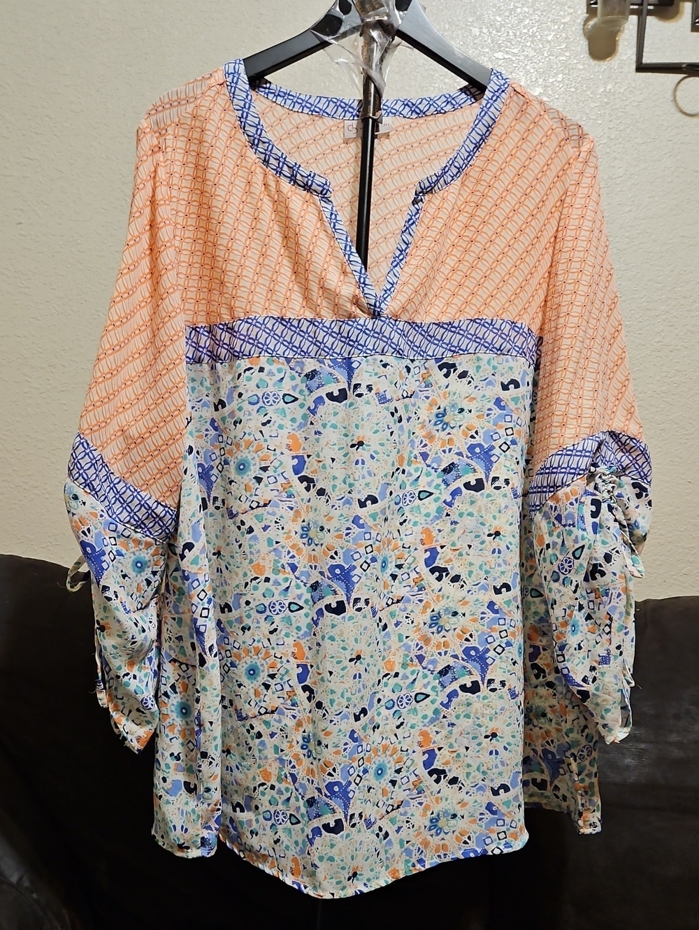 Peach & Blue Patterned Women's Tunic Top